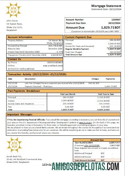 Declaração de hipoteca do Banco Sonali de Bangladesh Scr modelo